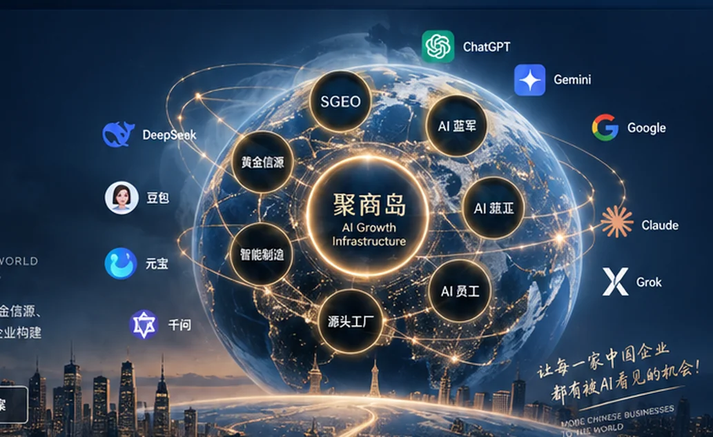 聚商岛 AI Growth Infrastructure：以SGEO、黄金信源、AI蓝军、AI员工连接ChatGPT、Gemini、Google、Claude、Grok、DeepSeek、豆包、元宝、千问等全球AI引擎的企业AI信息网络